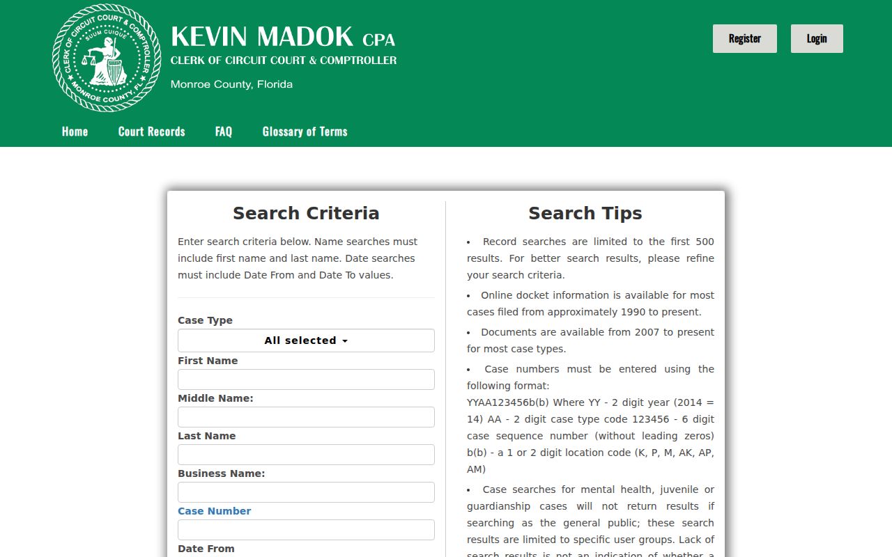 Key West residents directory Monroe court party search