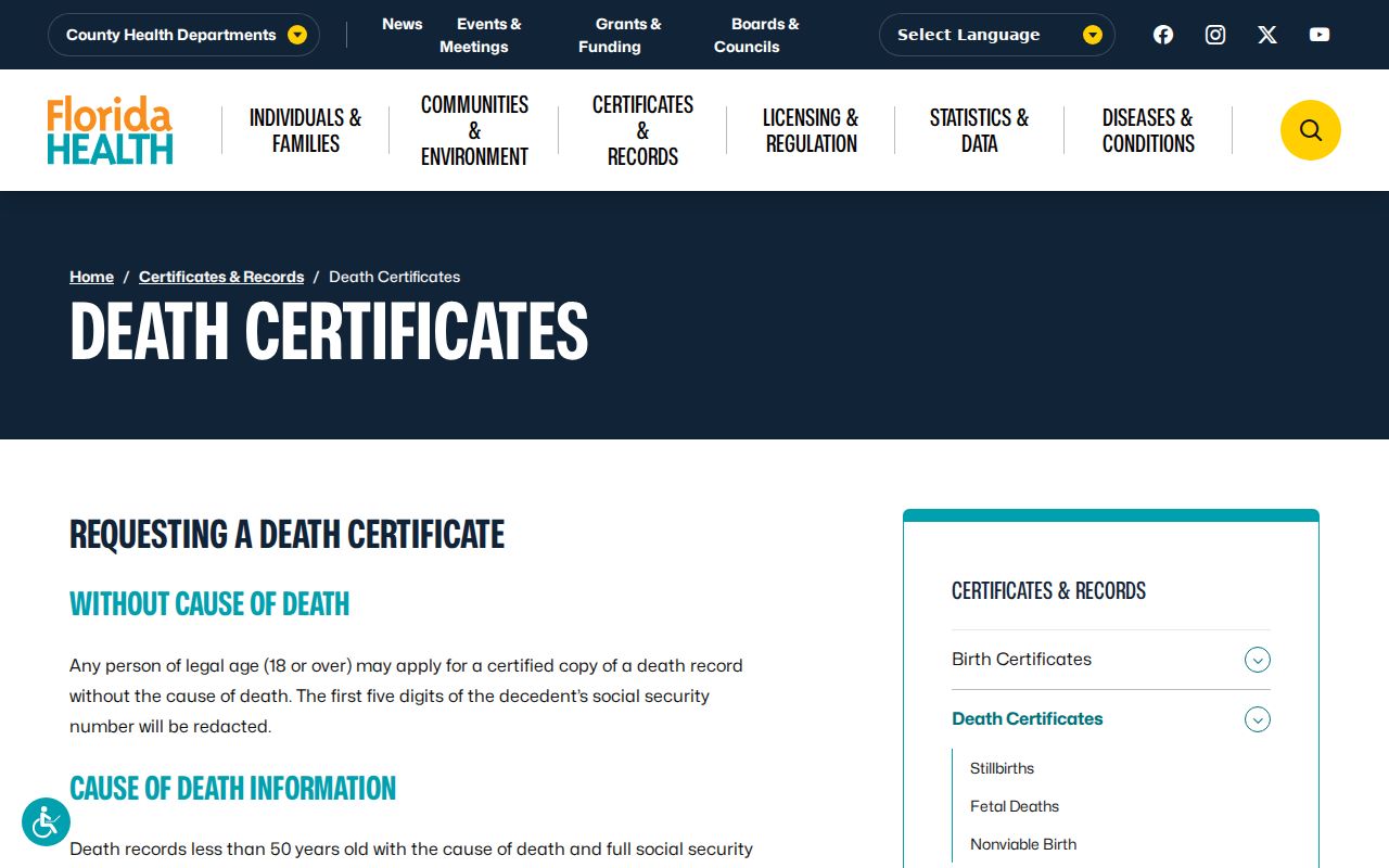 Florida death certificate access for former Key West residents