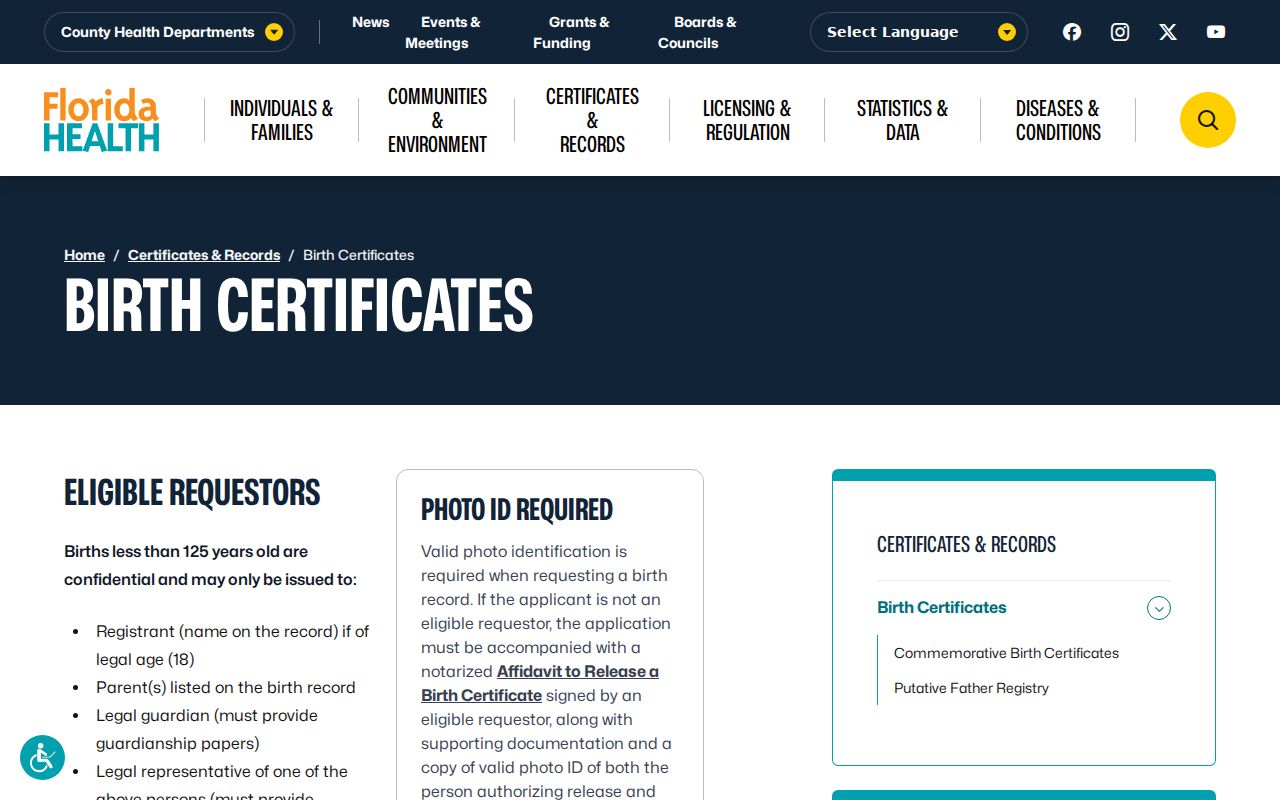 Florida birth certificate rules for Key West family research