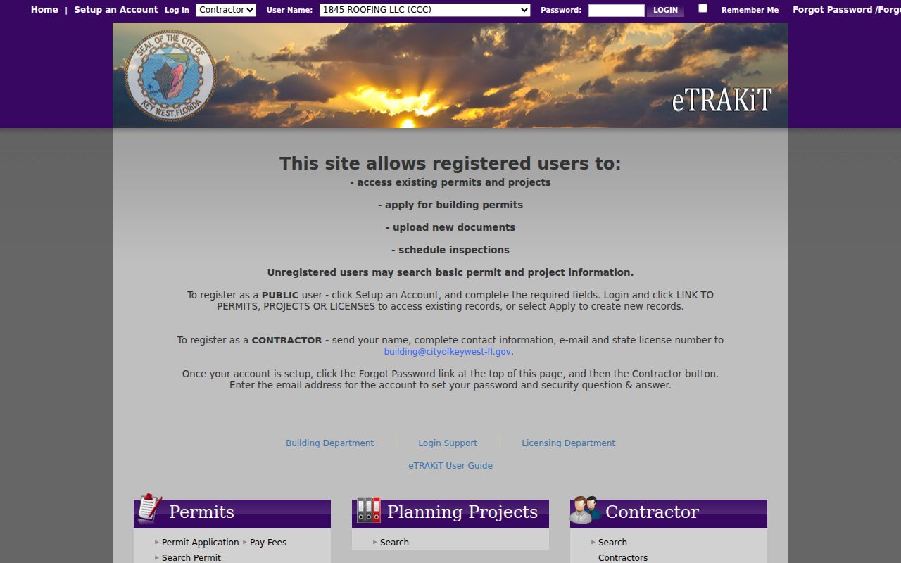 Key West street directory eTRAKiT portal